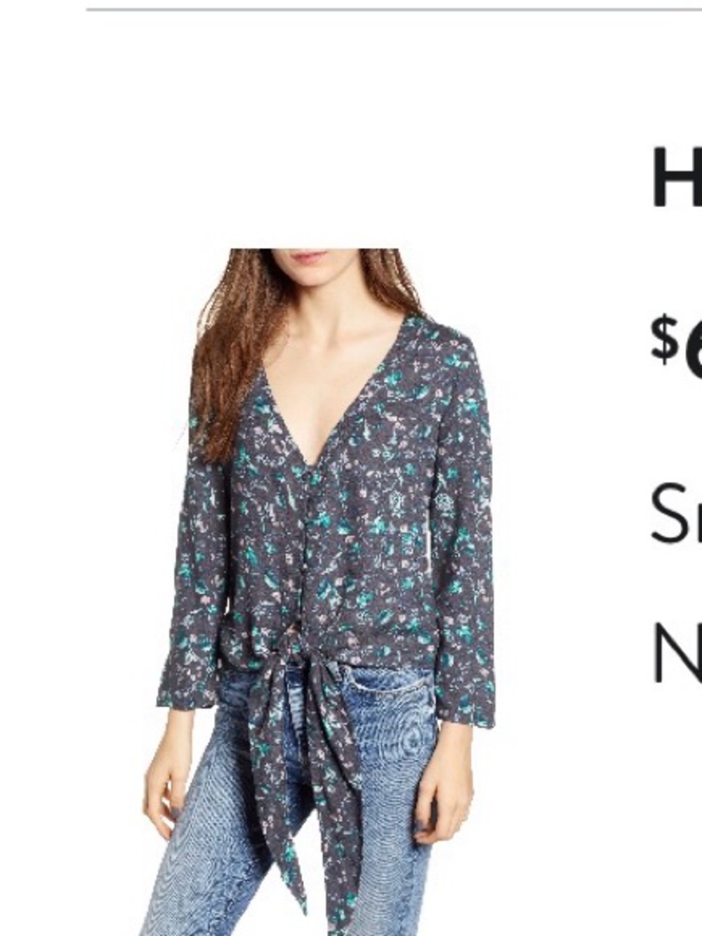 Hinge Nordstrom Gray Floral V-Neck Tie-Front Blouse with Teal Accents